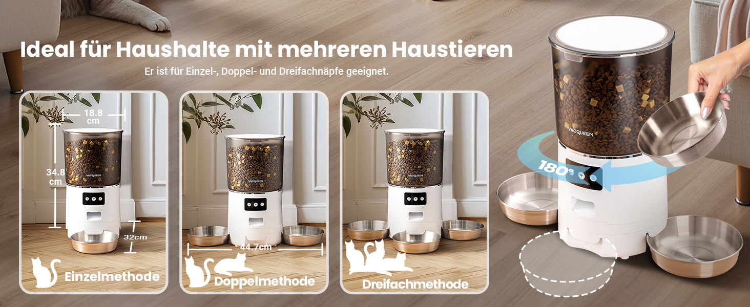 Автомат годівниці для котів з APP та таймером, 6 л / 25 чашок, 3 миски, 3 пакети силікагелю, система проти застрягання, 2.4G WiFi, 10-секундна голосова зйомка, годівниця для котів та собак (білий)