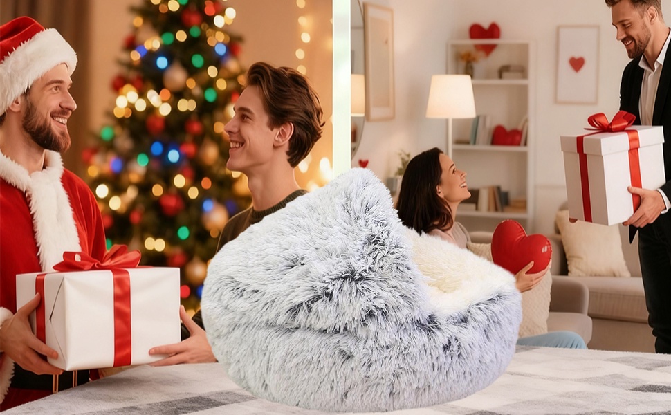 М'яке ліжко для домашніх тварин: ліжко для котів та собак, плюшеве, тепле, з капюшоном, антиковзаюче, сіре (65 см Ø)