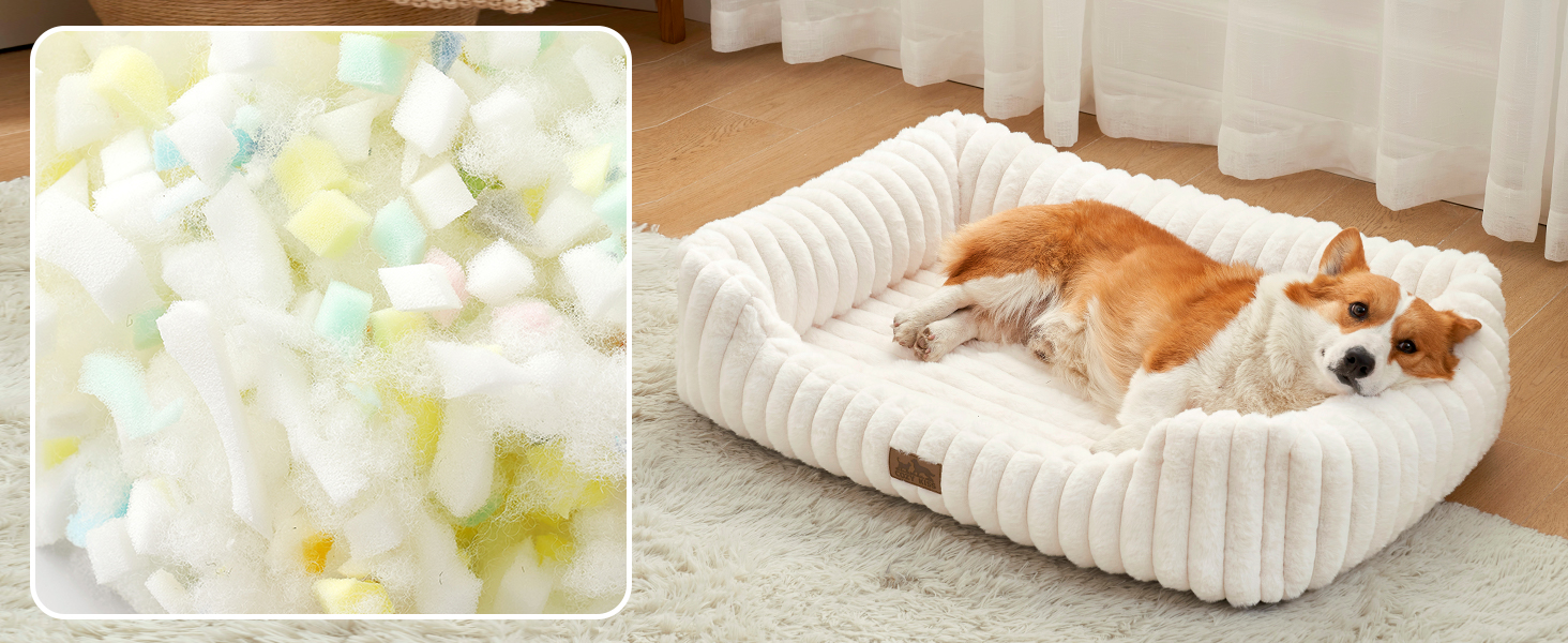 Ортопедичне миється собаче ліжко для котів та маленьких собак, м'який кошик з штучного хутра, диван для домашніх тварин з високим бортиком, антиковзаюче, 64 x 53 x 15 см, бежевий