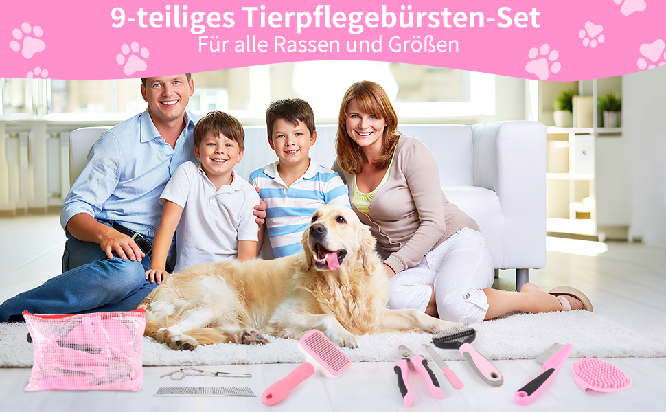 Набір для грумінгу собак та котів (9 шт.) - щітка для самостійного очищення, гребінець для видалення ковтунів, триммер для нігтів з напилком, гребінець від бліх, рукавичка для миття - професійний набір для догляду за шерстю для короткошерстих та довгошерстих тварин (рожевий)
