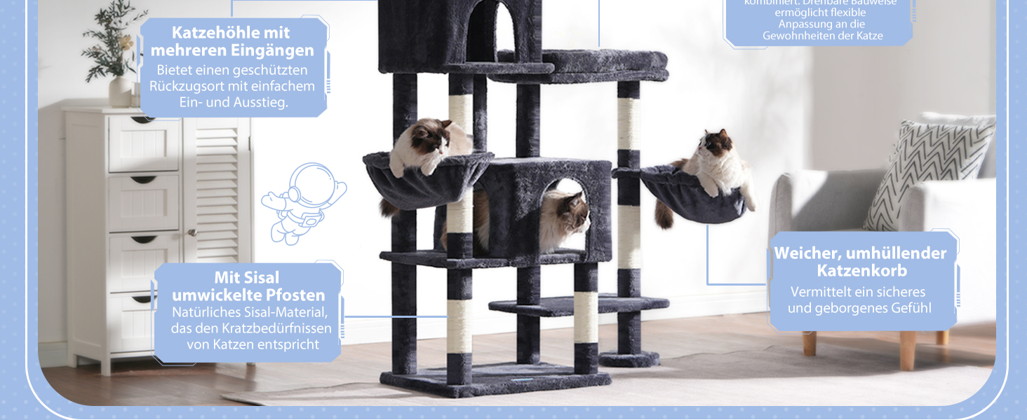 Котячий будиночок Hey-brother XXL для великих котів, 180 см, стабільний, сірий (EMPJ038MU)