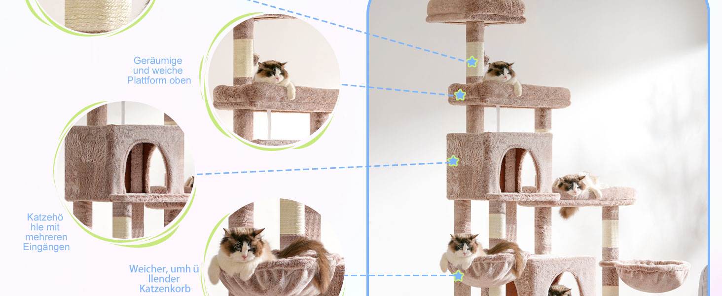 Котячий будиночок Hey-brother XXL для великих котів, 180 см. Стабільний котячий комплекс з 3 платформами, 3 великими печерами та 2 котячими будиночками, бежевий, EMPJ038MU