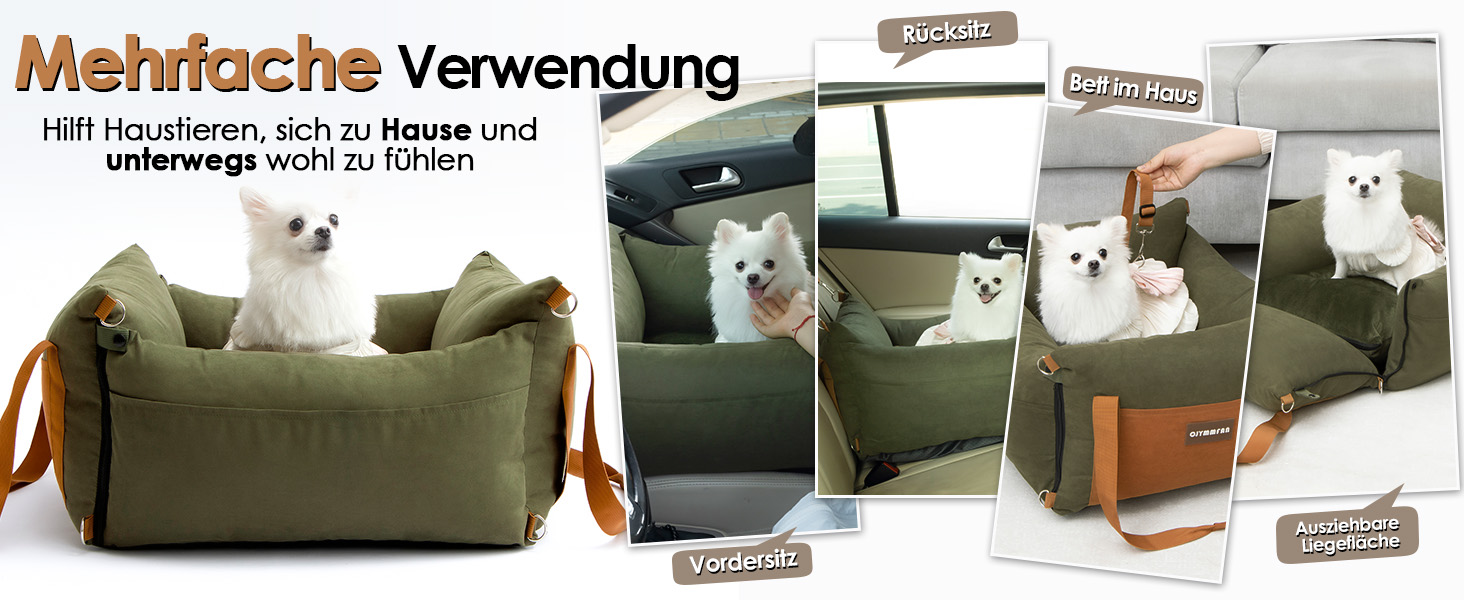 Автомобільний лежак для собак маленьких та середніх порід (до 15 кг), з висувною зоною відпочинку, знімний та пральний, з кишенями та ременем безпеки, зелений