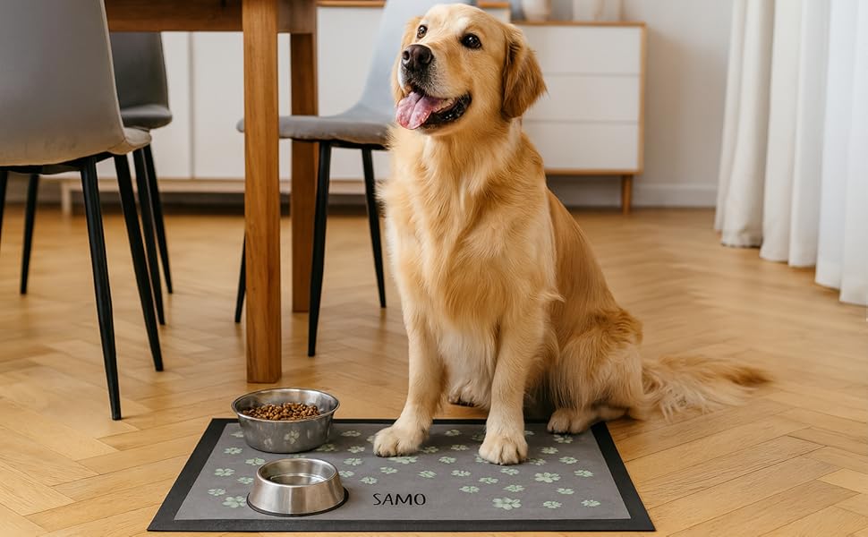 Килимок для годівлі собак з написом на замовлення | Миється | Мотив лапок (Кольорові лапки 1)