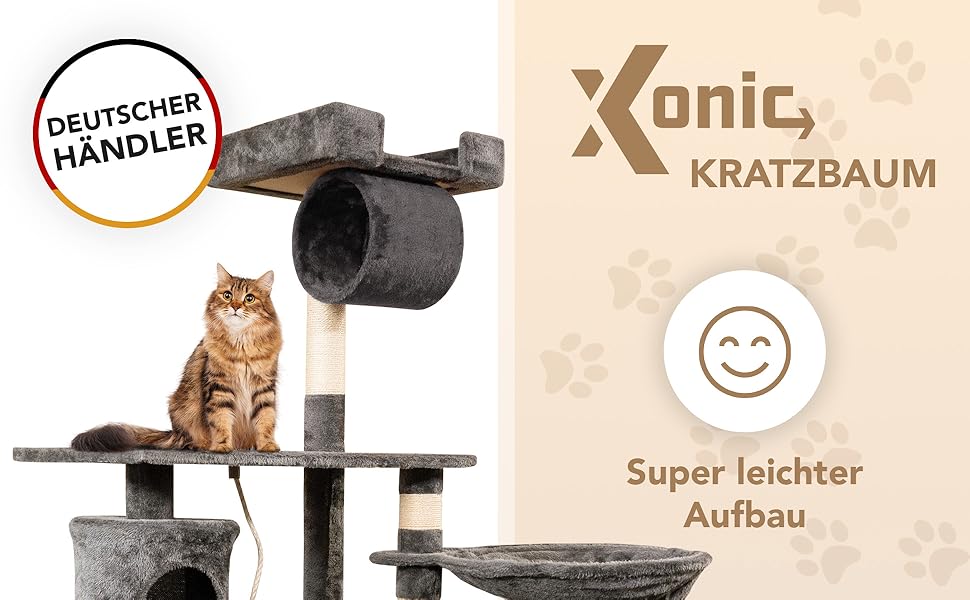 Стійкий котячий дряпак Foxdevil by xonic® 141 см, багатофункціональний: оглядова платформа, гамак, ігрова мотузка, драбинка, будиночок, сірий