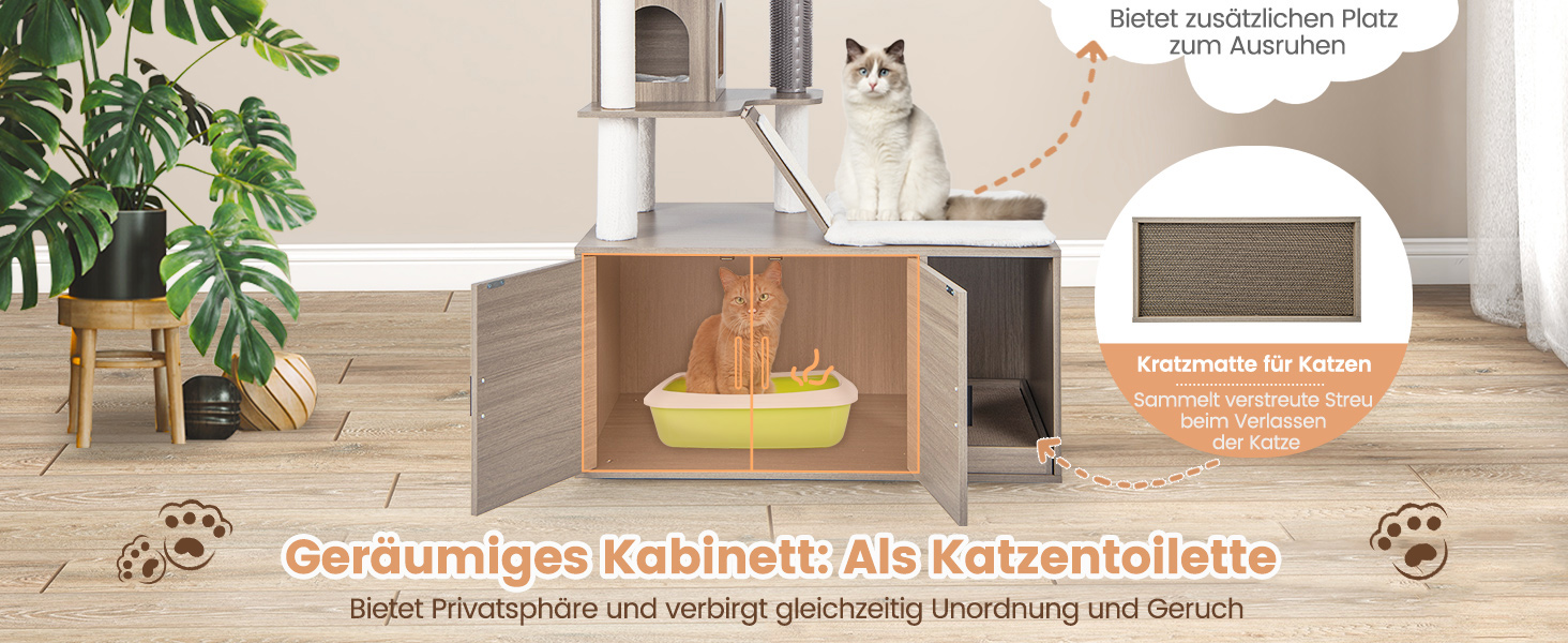 Дім-кігтеточка для котів COSTWAY з будиночком, ігровим м'ячиком та подушкою, сірий, 95x55,5x132 см