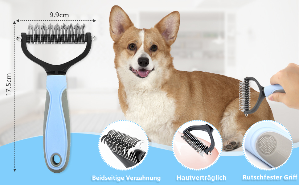 Набір для догляду за тваринами 6 в 1: щітка для собак, гребінець для вичісування підшерстка, тример, гребінець від бліх, щітка для миття | Синій, прямокутний