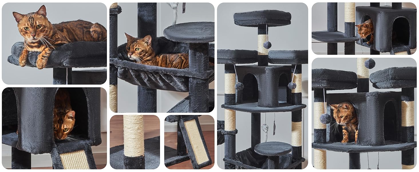 Котячий будиночок Taoqimiao 193 см XXL: великий, стабільний, з 2 будиночками, 7 стовпчиками для дряпання, гамаком та кошиком (MS047G, сірий)
