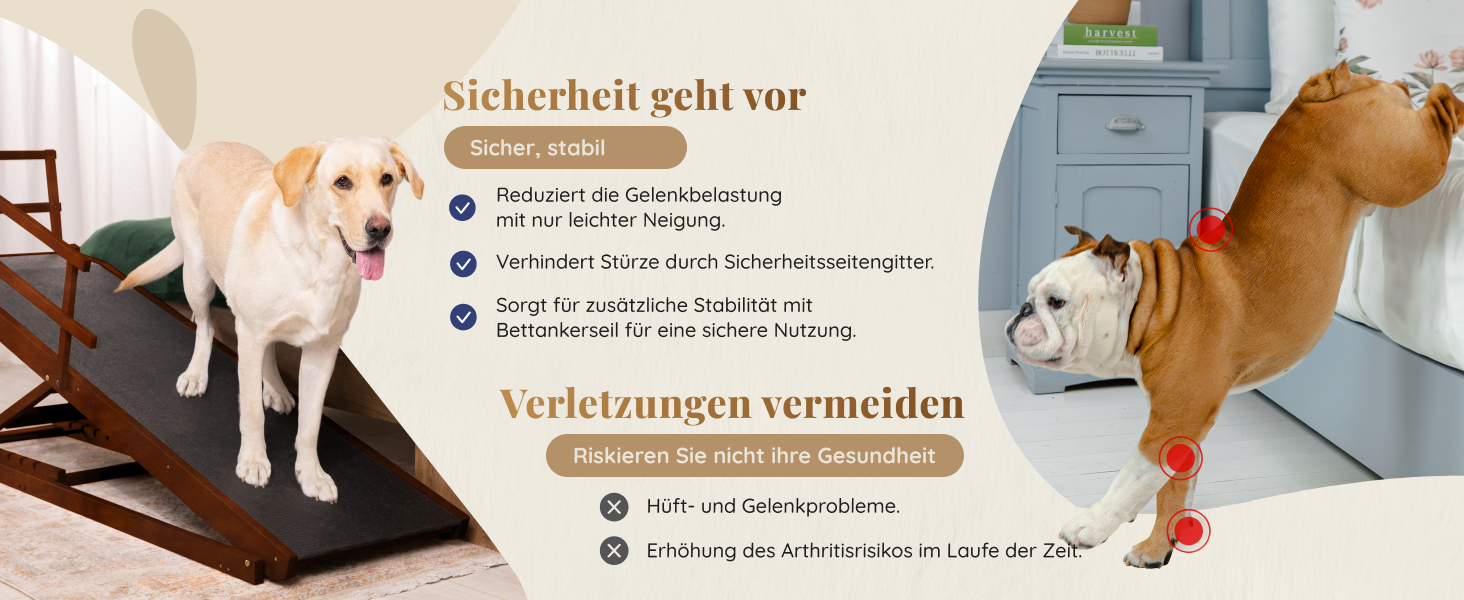 Східці для собак до ліжка з поручнями - для великих собак до 90 кг - регульована висота до 94.5 см - ширина 49,5 см - складані - антиковзні ручки - береза - натуральний колір (волоський горіх)