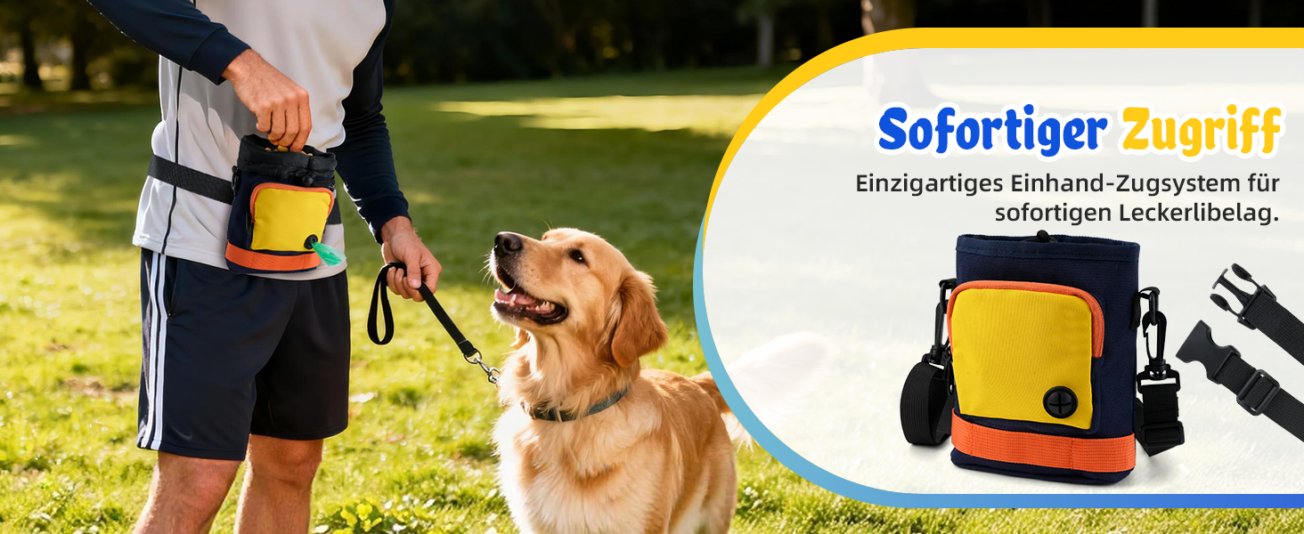 Сумка для ласощів для собак – сумка для дресирування собак з блискавкою, регульованим реміннем/лямкою. Ідеально підходить для корму для собак, телефону, ключів, пакетів для збору відходів та іграшок (Жовтий). Жовтий та Темно-синій