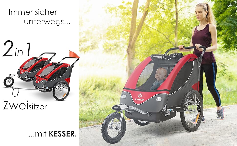 Дитячий причіп KESSER® 2в1 для велосипеда з поворотним з'єднанням 360° та амортизацією. Підходить для 1-2 дітей (до 40 кг), з 5-точковим ременем безпеки та прапором.