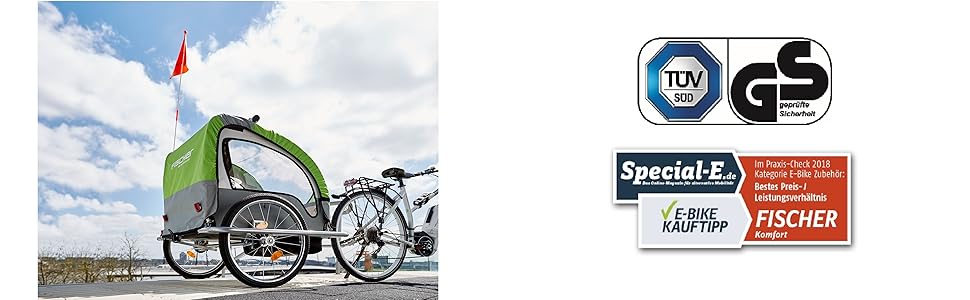 Дитячий велопричіп Fischer Komfort з підвіскою, сертифікований TüV/GS, зелений/антрацитовий, для 2 дітей