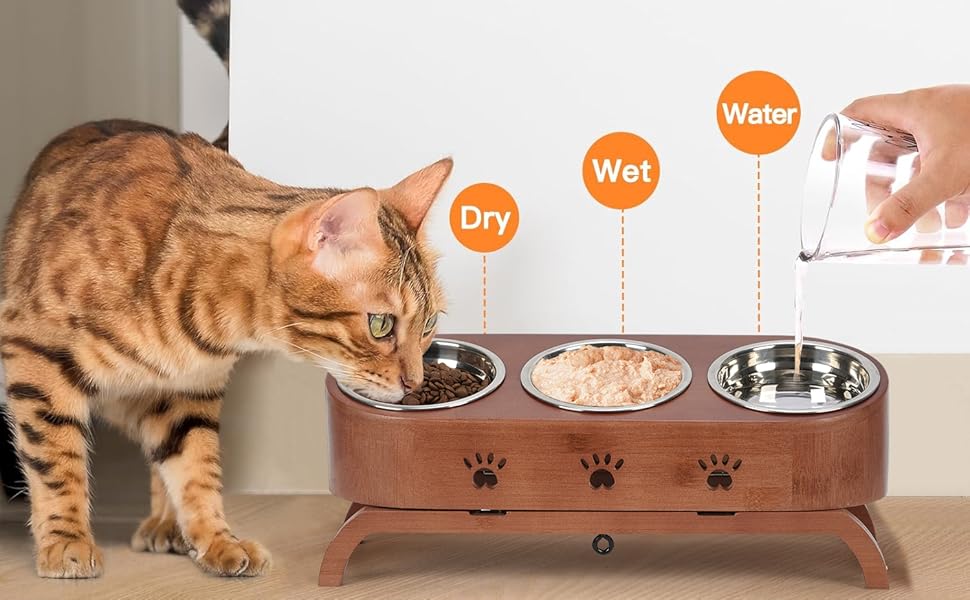 Набір мисок для котів JAZUIHA (3 шт.) з підняттям, ергономічні, 15° нахил, регульована висота, дерев'яний підставник, нержавіюча сталь Ø12 см, темно-коричневий