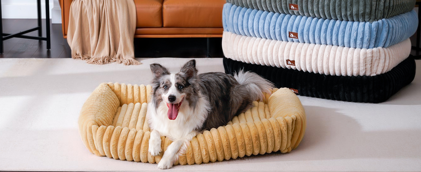 Ортопедичний лежак для собак великих порід, лежанка для собак XL, з м'якою подушкою для шиї, знімний та пральний килимок, з ручками (Бежевий, 109 * 76 * 20 см)