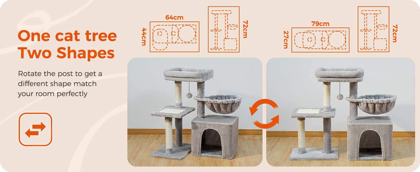 PAWZ Road Дерев'яний комплекс для котів з гамаком [73см], сірий. Дряпка для котів з сизалю, інтерактивна кулька, для дому
