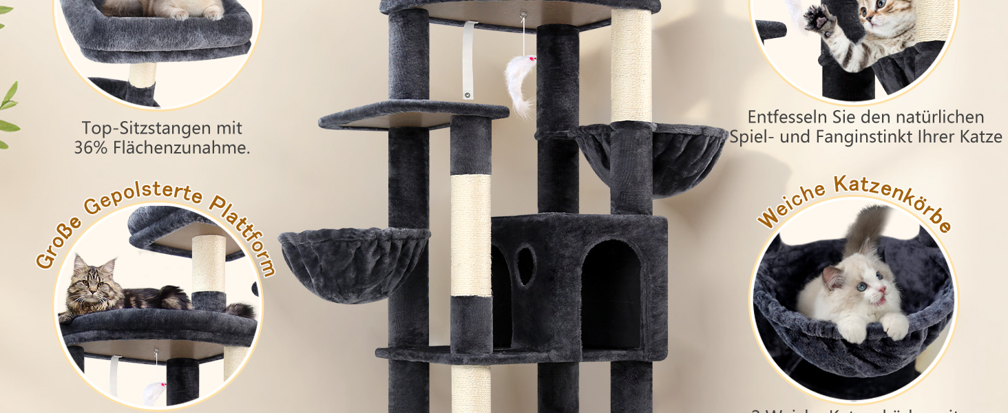 Драбина для котів Globlazer 193 см з будиночком, гамаком, великою платформою та іграшками. Стабільна для 3-5 котів (XXL, темно-сірий)