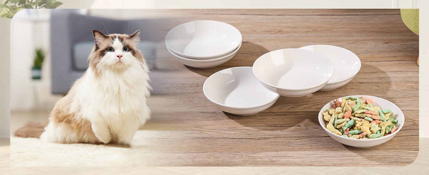 Набори мисок для котів з кераміки Katzennapf Set - 6 шт. Миски для корму для котів у мінімалістичному стилі, широкі, плоскі, зручні для вусів, мікрохвильові та придатні для миття в посудомийній машині, 250 мл, білі