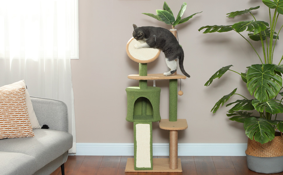 Дім-кігтеточка для котів PawHut 139 см з печерою, іграшкою та сизалевими стовпчиками, до 5 кг, зелений