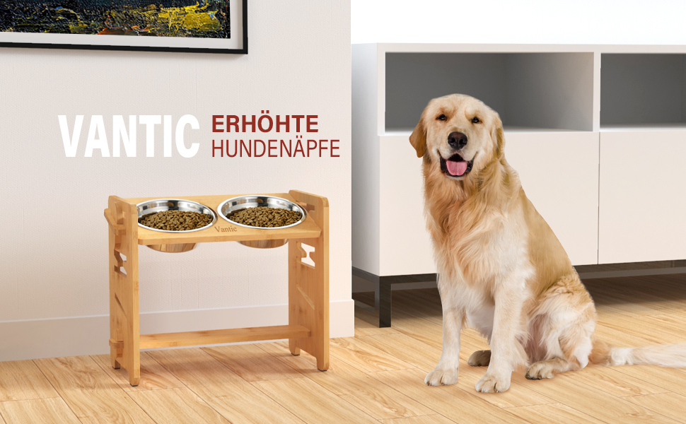 Підвищена годівниця для собак Vantic з підставкою, регульована висота, миска для маленьких собак та котів, з нержавіючої сталі, з двома мисками та протиковзкими ніжками (для середніх собак, бамбук)