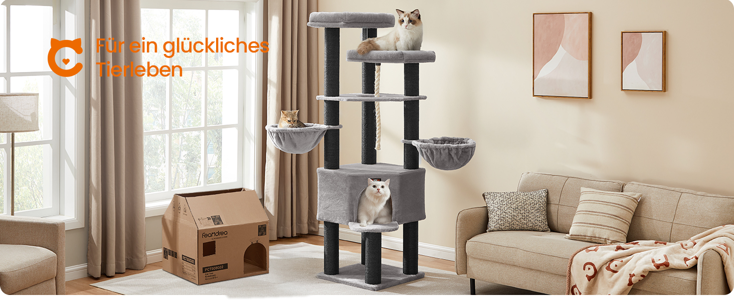 Кігтеточка Feandrea для котів, велика, багатоярусна, XXL, 55 x 55 x 186,7 см, товщина сизалю 11 см, для великих порід котів (Мейн-кун), сіро-чорна, артикул PCT008G02