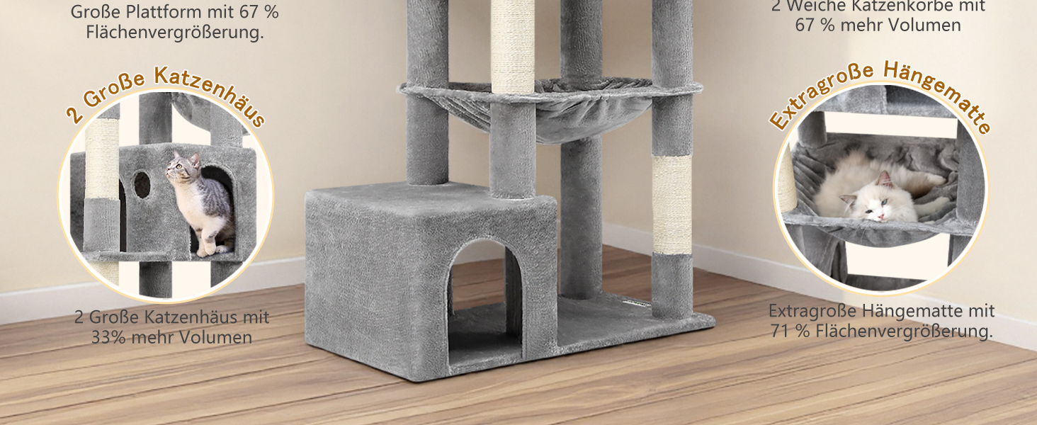 Драбина для котів Globlazer XXL 193 см з будиночком, гамаком, платформами та іграшками. Стабільна для 3-5 котів. Сірий колір.