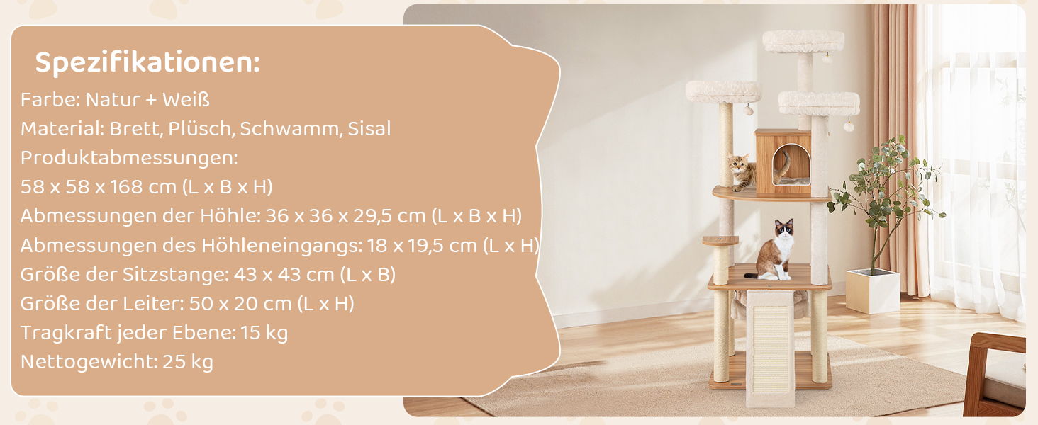 Кігтеточка для котів COSTWAY 168 см, дерев'яна, багатоярусна з будиночком, драбиною, лежаками та іграшками, бежево-коричнева