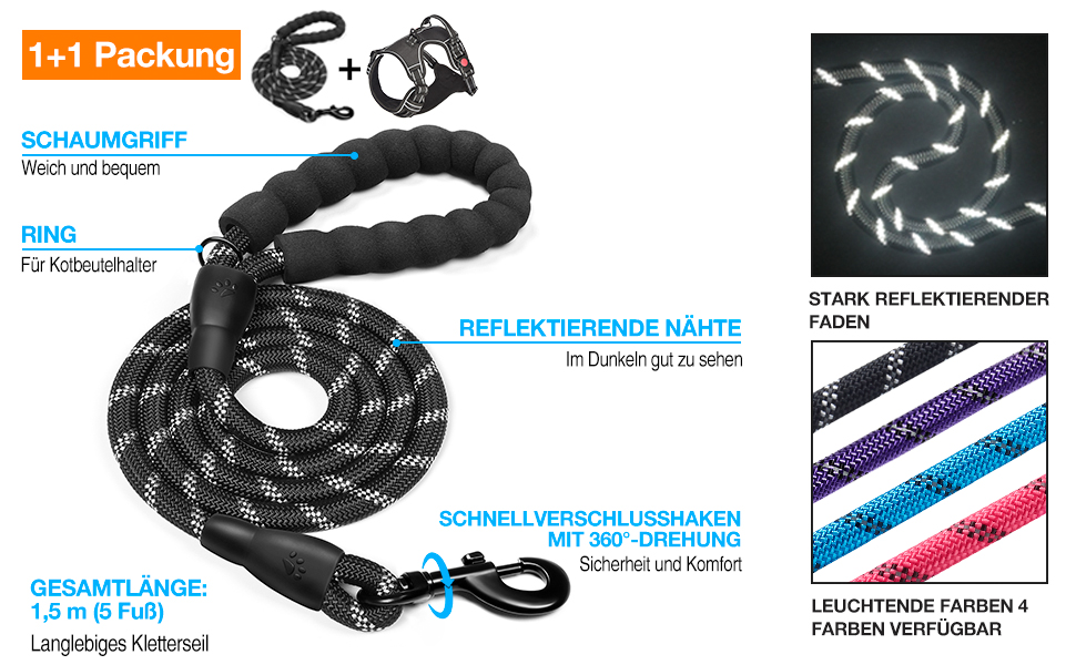 Нашийник для собак Haapaw без натягу, регульований, світловідбиваючий, Оксфорд, зручне керування, середній розмір, міцний поводок в подарунок, чорний (1 шт.)