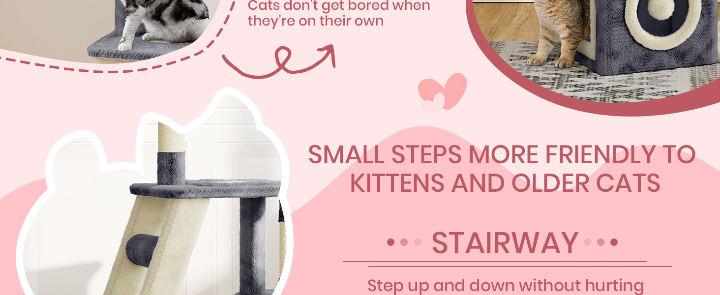 Кігтеточка для котів Dogat 107 см: багатоярусна, з будиночком, лежаком та ігровими елементами (сірий/бежевий)