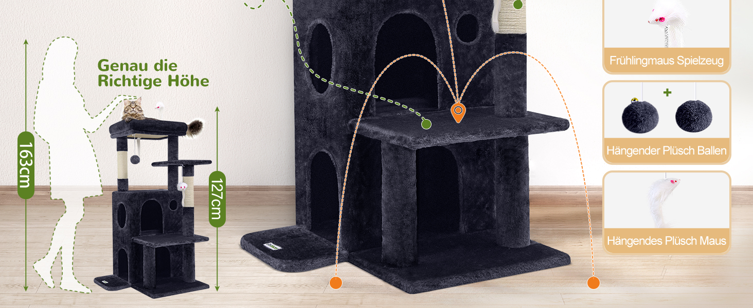 Котячий будиночок Globlazer з когтеточкою, велика база, платформа з м'якою оббивкою, іграшки для котів, 127 см, для великих котів та літніх, відпочинок, ігри, дряпання, інтер'єр (FC50, XL, темно-сірий)