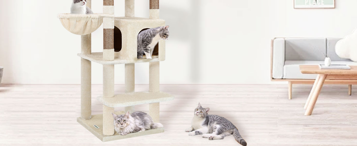 Драбина для котів Globlazer XXL, 188 см, з будиночком, платформами, кошиками. Стабільна, антикіпкість, для великих котів, бежева