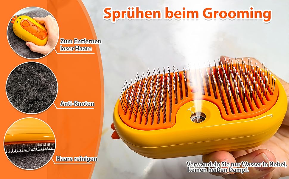 Парфумерна щітка для котів з розпилювачем, 4-в-1: видалення шерсті, масаж, розпилення, самоочищення, водонепроникна (IPX7), білий колір з жовтим руків'ям