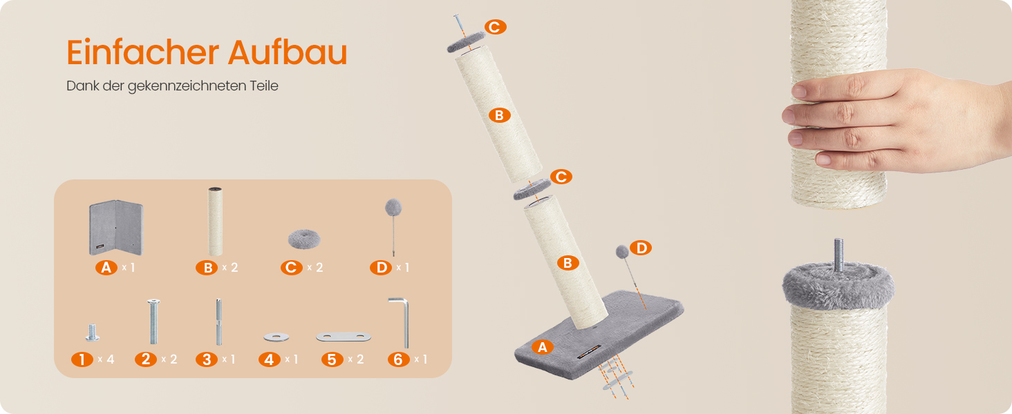 Дряпка для котів Feandrea, 85 см, дряпка-стійка, котячий комплекс, дряпка з сизалю, з плюшевим м'ячиком та дзвіночком, таубенграу PCA040G01