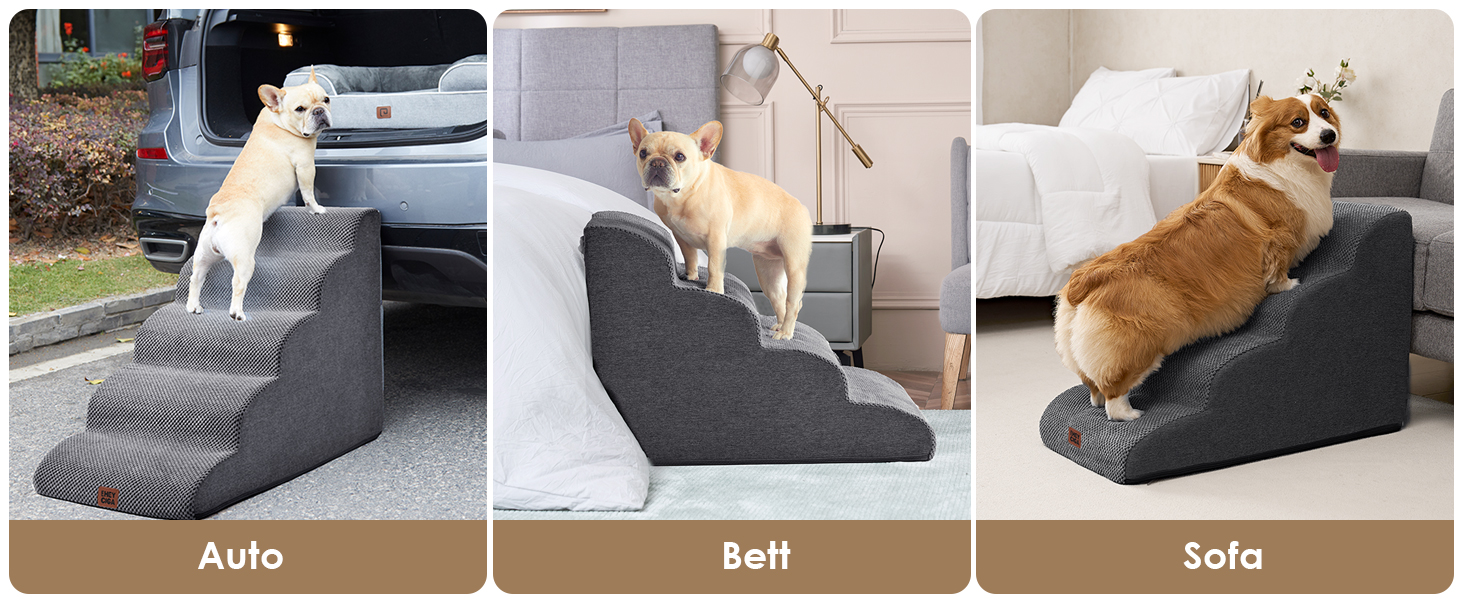 Сходинки для собак EHEYCIGA - 50 см, сірі. Зручні сходи для маленьких собак до дивану/ліжка. 4 сходи, матеріал - високощільний губчастий, з антиковзким покриттям та знімним чохлом. Розміри: 72 x 40 x 50 см.