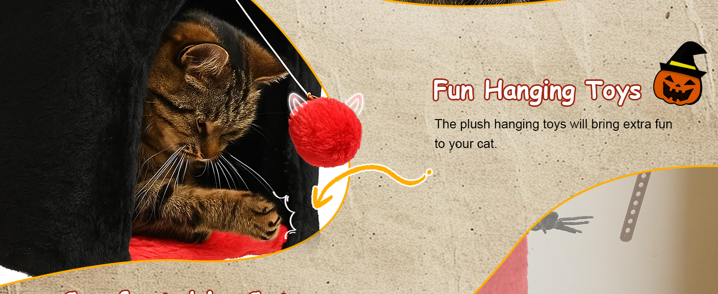 Драбинка для котів BYBYME у готичному стилі на Halloween, 168 см, стійкий комплект котячих меблів з ліжком, будиночком, гамаком та стовпчиками для шліфування кігтів (чорно-червоний), підлоговий