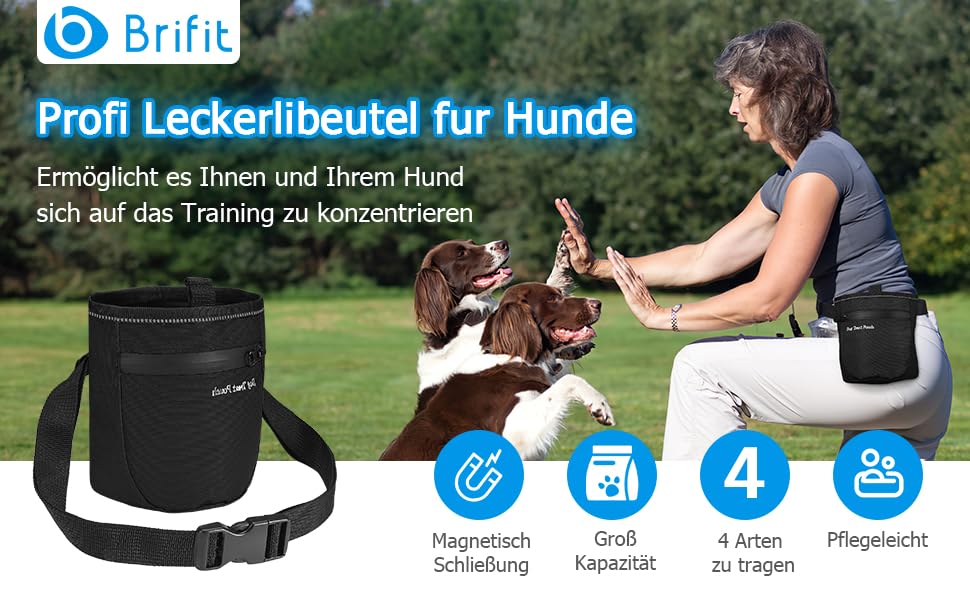 Сумка для ласощів для собак Brifit з магнітною застібкою, для тренувань, з регульованим шнурком, знімною внутрішньою кишенькою та дозатором для пакетів, 17.5 x 13.6 x 8 см