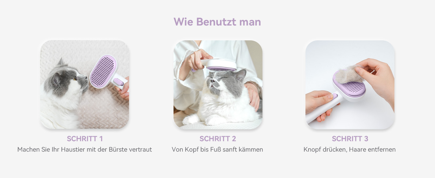 Щітка для котів Aumuca з кнопкою витягування, довговічна, для короткої та довгої шерсті, видаляє відмерле волосся та масажує, фіолетова