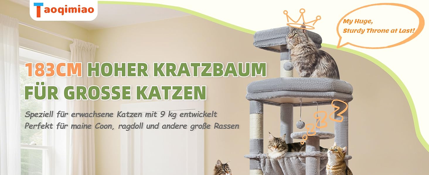 Дерево для котів Taoqimiao 183 см, велике XXL, з будиночком, гамаком, стійке, сірого кольору MS045W