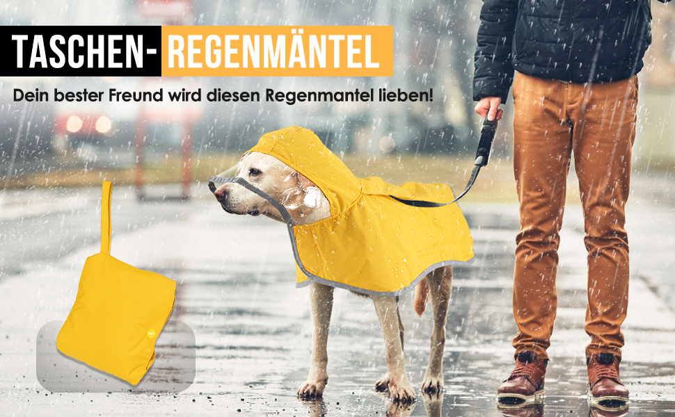 Регенкожух для собак SlowTon: водонепроникний, двошаровий, з капюшоном, світловідбиваючими смугами та кишенею. Підходить для собак маленьких, середніх та великих порід. Колір: жовтий.