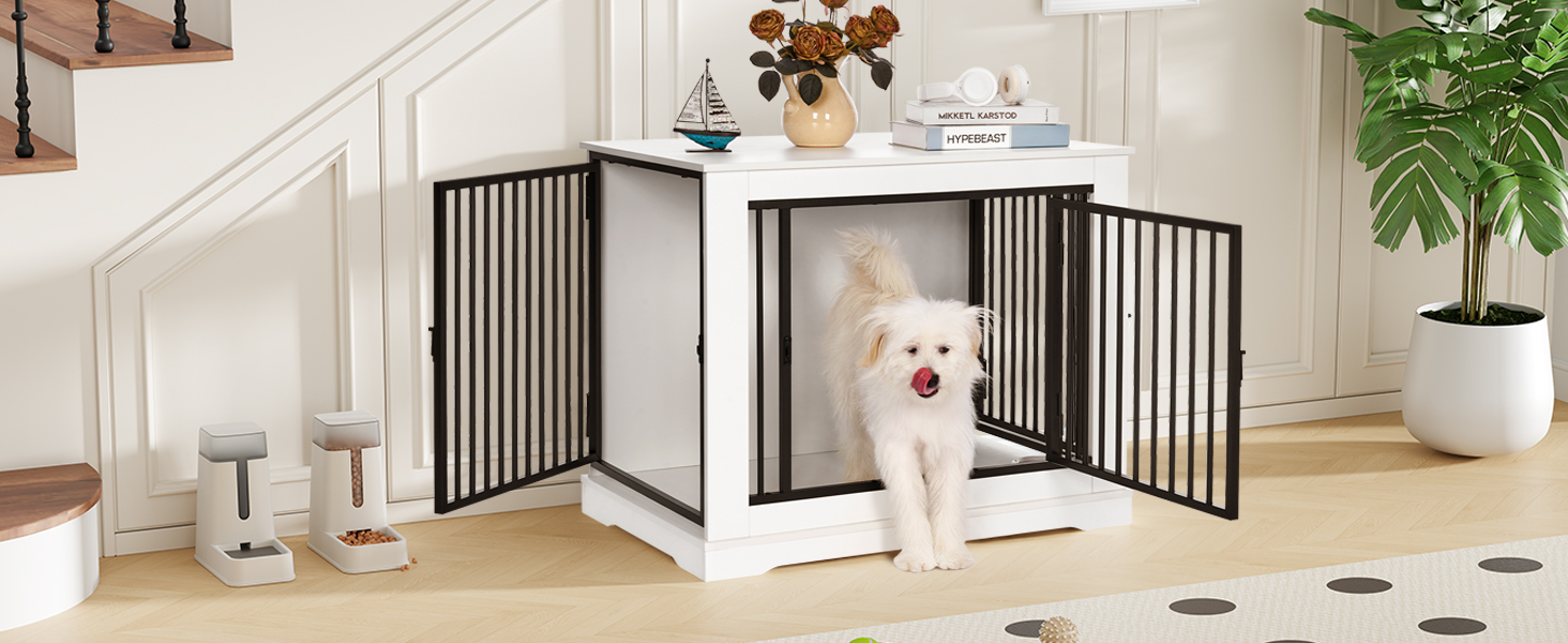 BEWISHOME Клітка для собак, 81 см, дерев'яна, з 3 дверцятами, біла, для дому, Beistelltisch (табличка), 81x55x67.5 см, EMGL03W