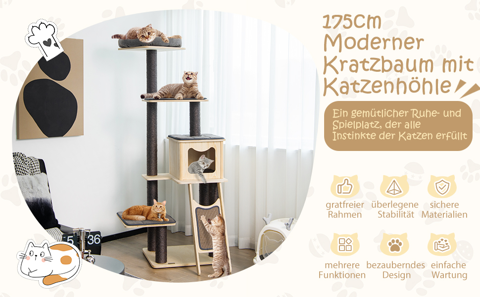 Дерев'яний котячий комплекс COSTWAY, 175 см, з будиночком, сизалевими стовпчиками, платформами та дряпалкою, 6-ярусний, сірий+бежевий