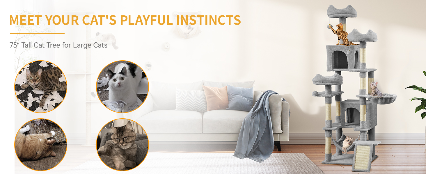 Кігтеточка YITAHOME 190 см, багатоярусна, з сизалю, з пандусом, плюшеві стійки, гамак, просторі будиночки, центр активності для кошенят (сірий)