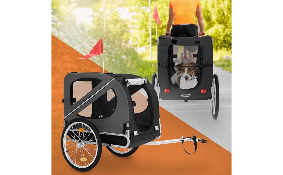 Фаркоп-причіп для велосипеда 2в1 Hauki: собачий візок та причіп, чорно-сірий, 130x72x90 см, для собак до 40 кг, з відбивачами, мотузкою та прапорцем