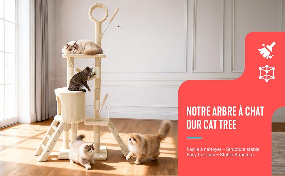 Кігтеточка для котів Vounot® - багатоярусна кігтеточка з платформами, печерею та іграшками, 112 см, бежева