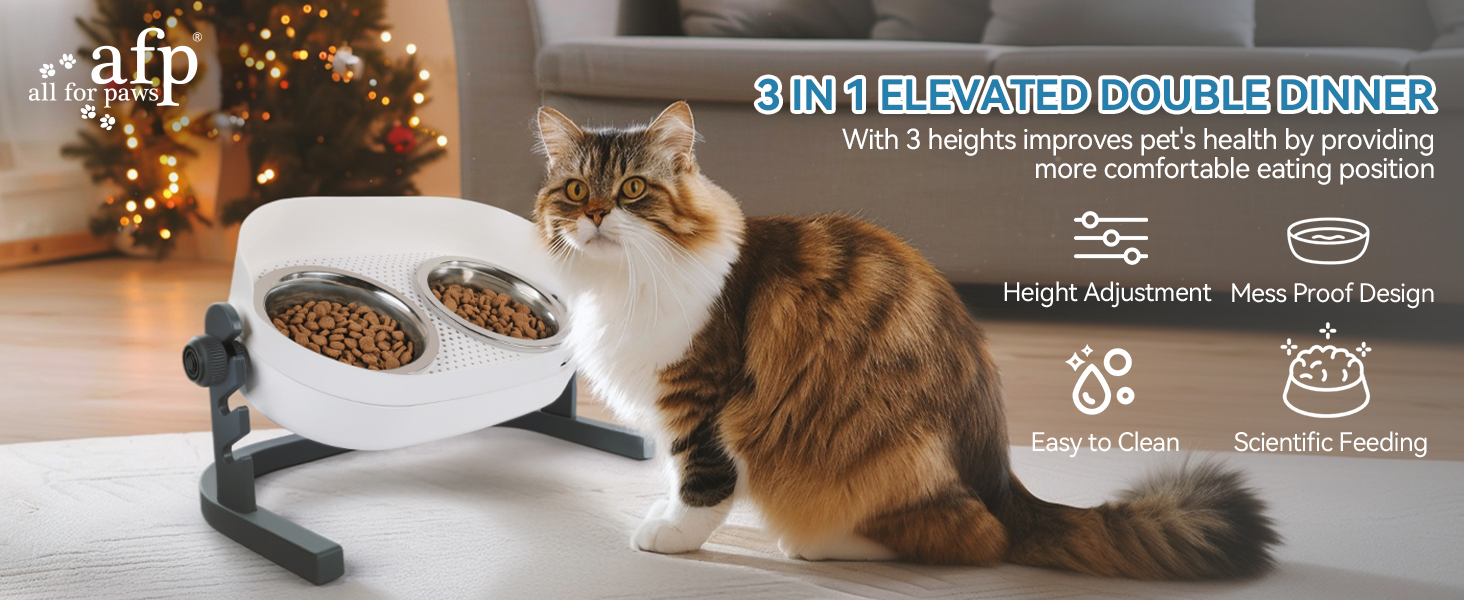 Підвищений годівниця для котів ALL FOR PAWS - 3-рівнева регульована годівниця з 2 мисками з нержавіючої сталі (350 мл), антиковзаюча та захищена від розливу, для кошенят, середніх та великих котів (44*26*19 см)