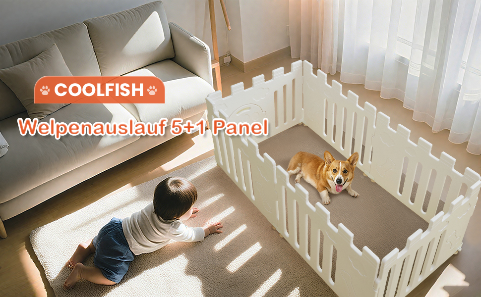Клітка для цуценят 5+1 панель | Розширювана клітка для тварин в приміщенні з антиковзними ніжками та без інструментів - Білий 155 * 78 * 60 см