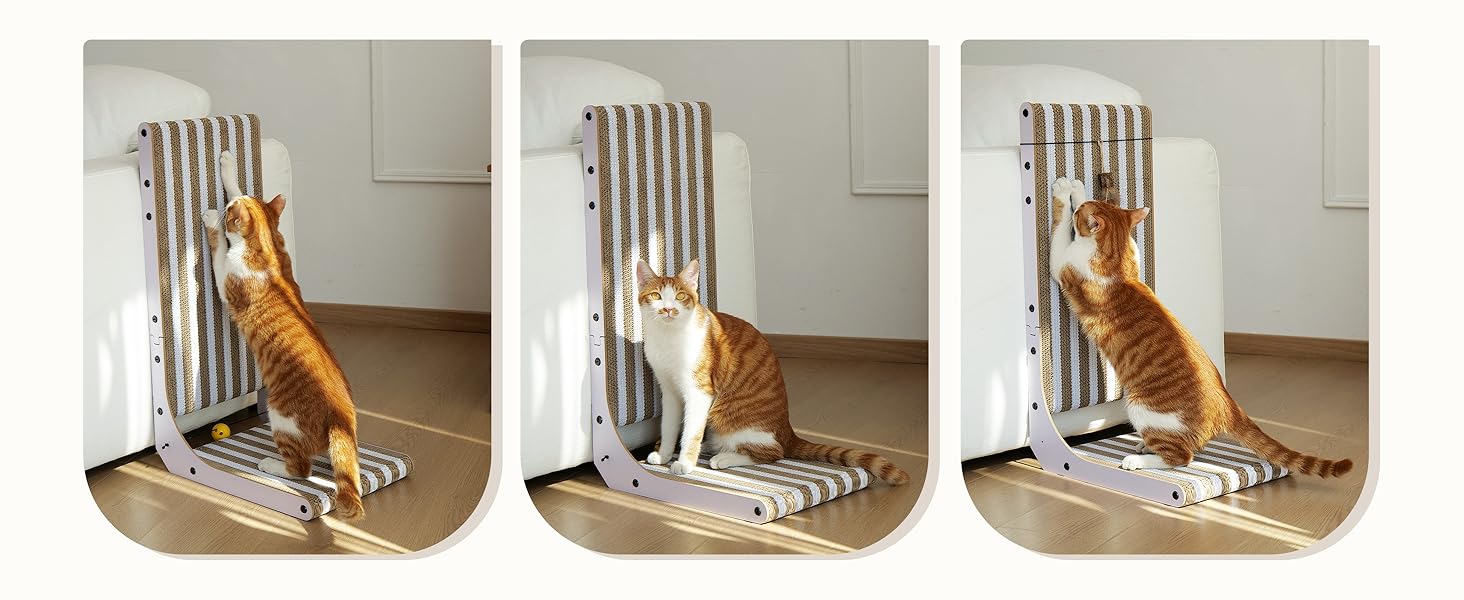 Котячий когтеточка FUKUMARU L-подібної форми, 68 см, з візерунком смуг, з іграшкою, для стіни та кута, з міцного картону