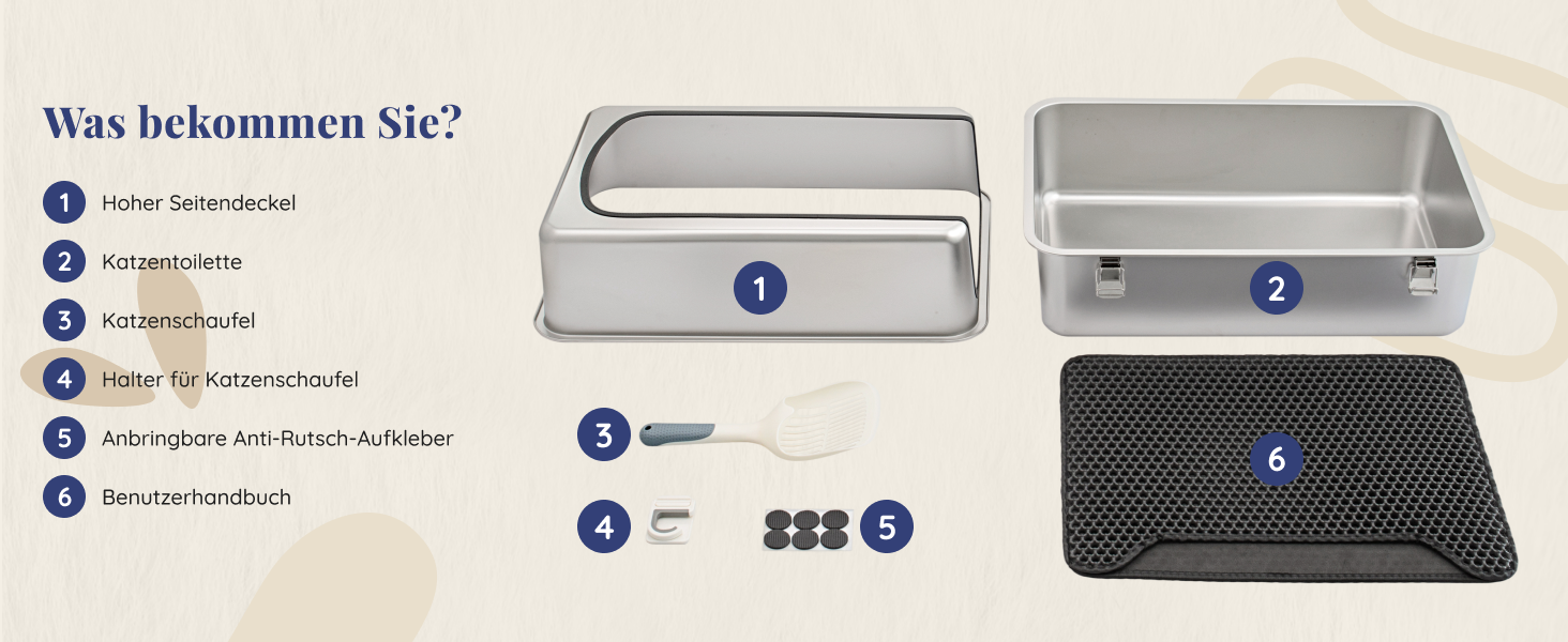 Набір для туалету кота з нержавіючої сталі XXL: легкий у чищенні, антибактеріальний, з високим бортиком, об'єм 38л, антивитікання та антипригарне покриття, з лопаткою та килимком