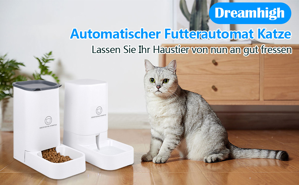 Автоматичний годівниця для котів Dreamhigh® з диспенсером води для собак, 2.1 кг корму та 3.8 л води, без батарейок, BPA Free, для подорожей, білий