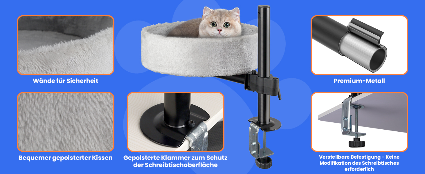 BSWAY ліжко для кота на стіл - без свердління, 360° обертання, регульована висота. Підвищене котяче ліжко над столом. Тримає кошеня/кота близько, робочий простір чистий. Ліжко для кота на стіл (Сірий, XL). Сірий XL