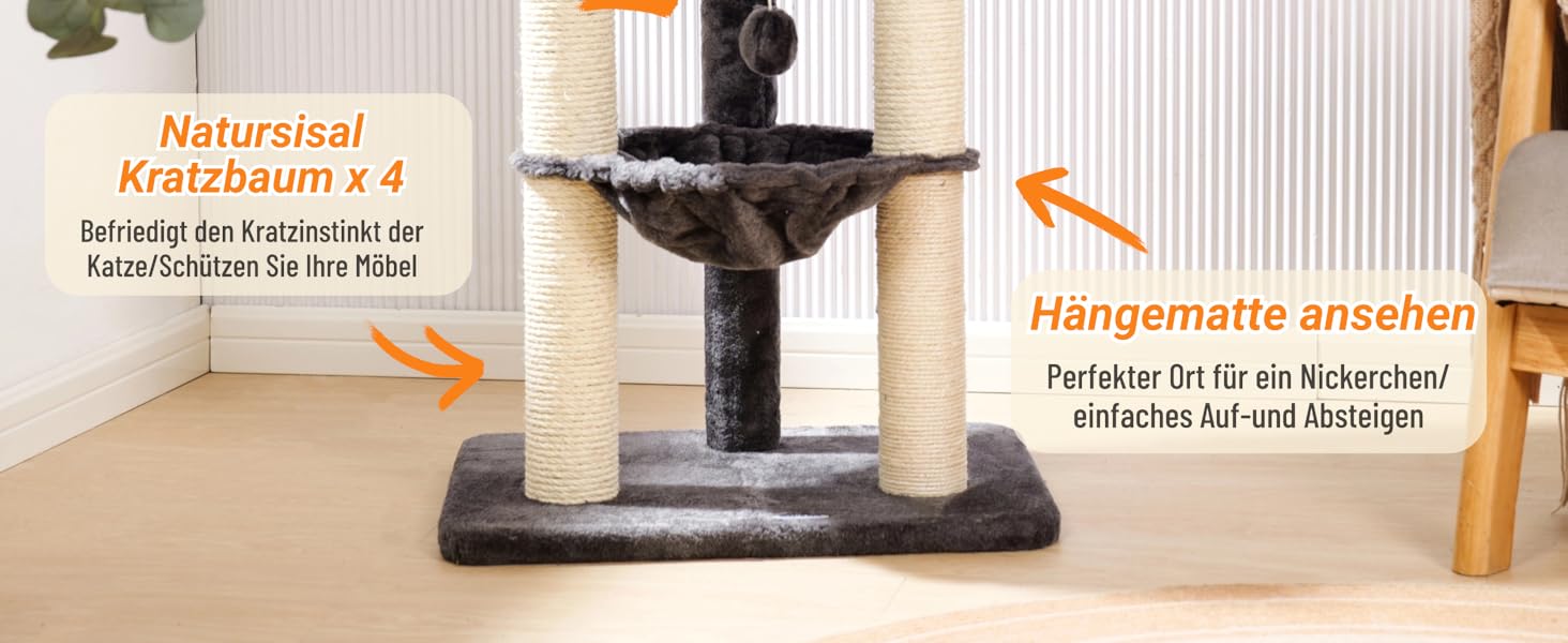 Драбина-кіготь для котів Happi N Pets 71 см, сірий. Стабільна драбина-кіготь з великим ліжком та гамаком, оббивка з сизалю. Знімний чохол.